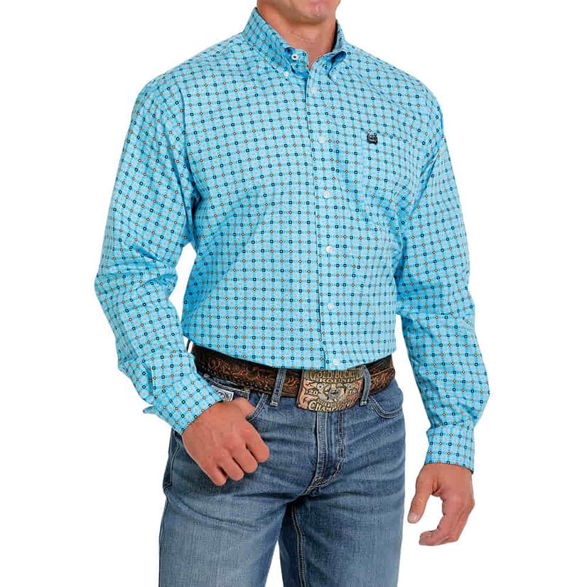  Cinch Blue Geo Print Long Sleeve Button- Down Men's Shirt
