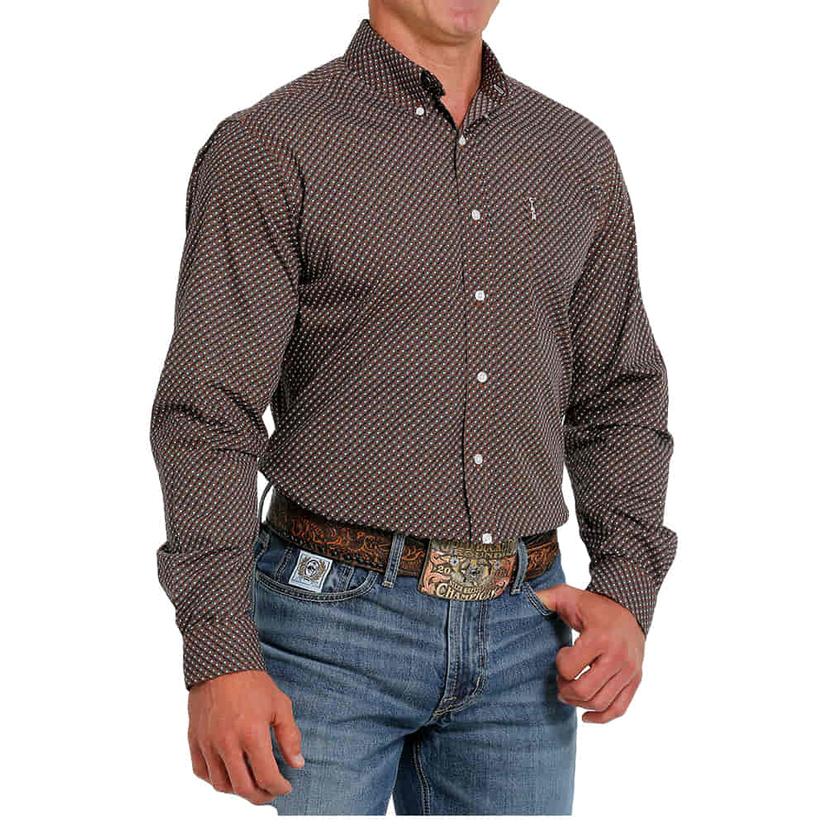  Cinch Brown Print Long Sleeve Button- Down Men's Shirt