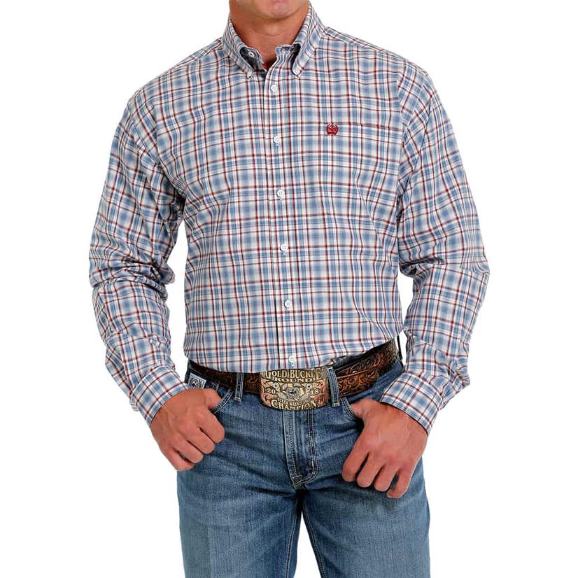  Cinch Classic Fit Cream And Blue Print Long Sleeve Button- Down Men's Shirt