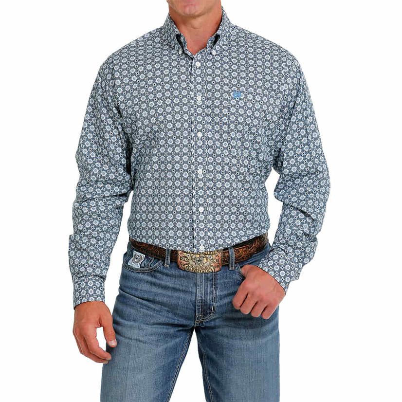  Cinch Classic Blue Design Long Sleeve Button- Down Men's Shirt
