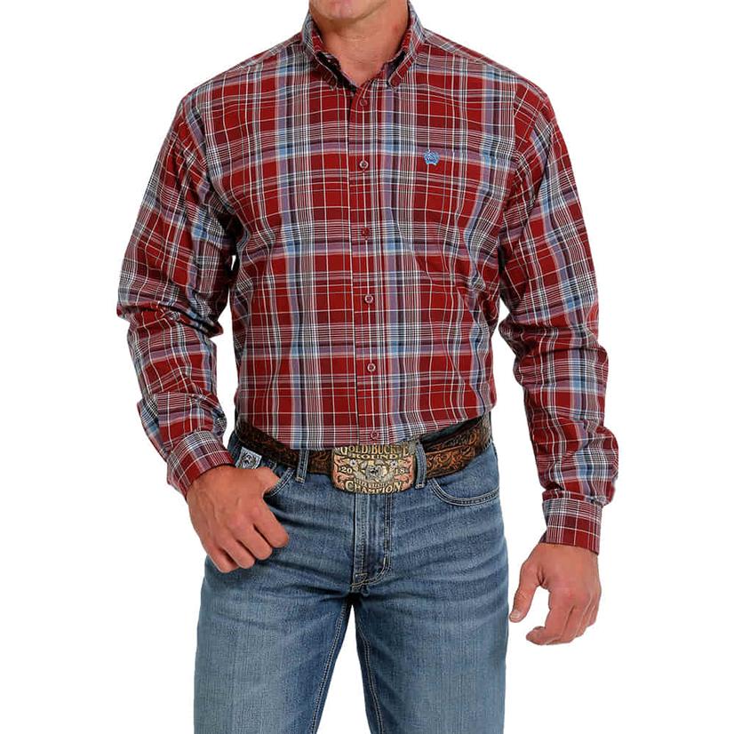  Cinch Classic Fit Red Plaid Long Sleeve Button- Down Men's Shirt