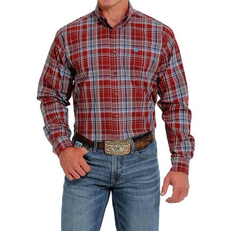 Cinch Classic Fit Red Plaid Long Sleeve Button-Down Men's Shirt