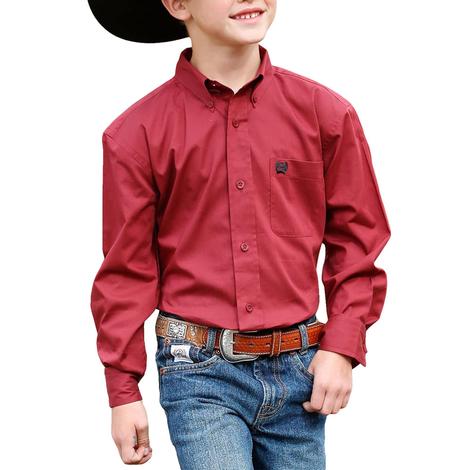 Cinch Solid Red Long Sleeve Button-Down Boy's Shirt