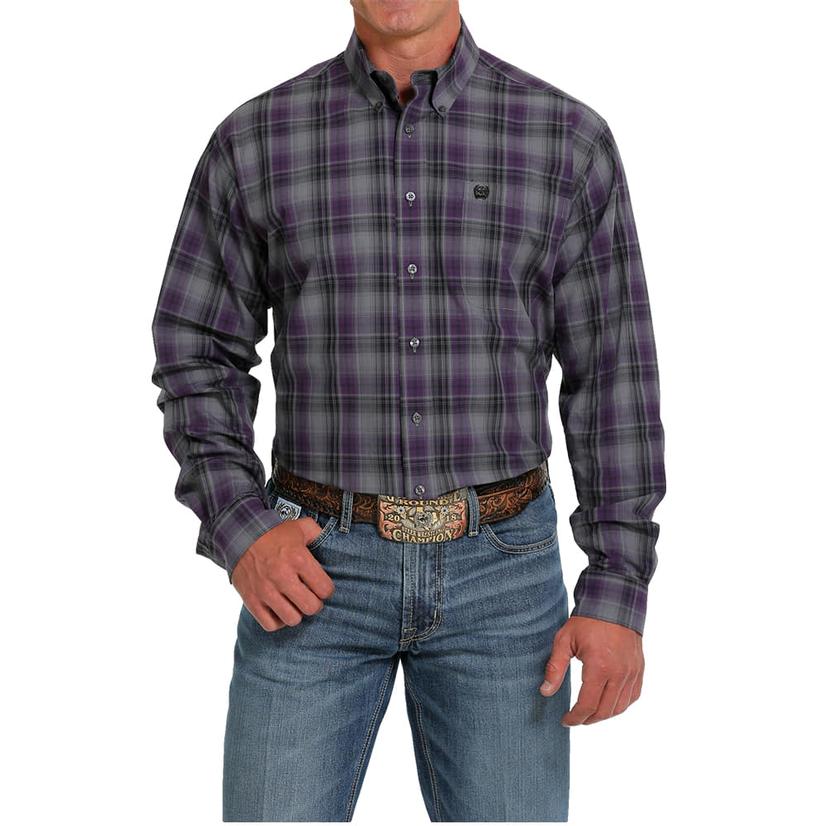  Cinch Classic Purple Plaid Long Sleeve Button- Down Men's Shirt