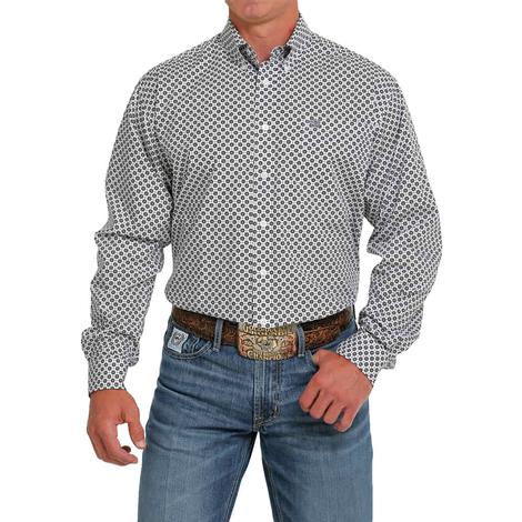Cinch Classic Fit White Geo Print Long Sleeve Button-Down Men's Shirt