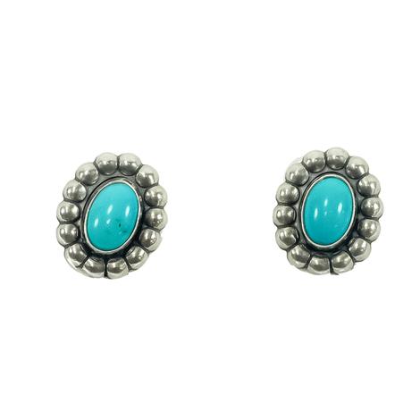 South Texas Tack Oblong Turquoise with Silver Bead Outline Stud Earrings