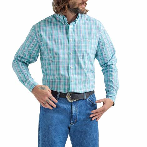 Wrangler George Strait Long Sleeve Teal Plaid Buttondown Men's Shirt