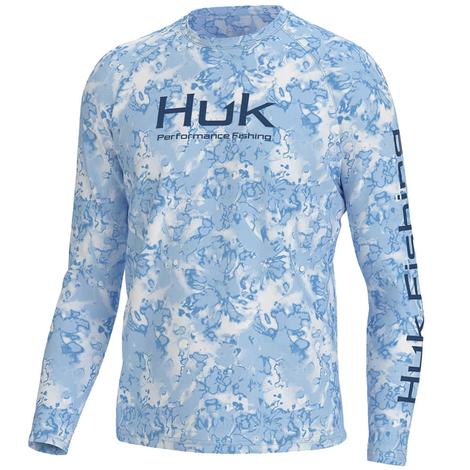 Huk Crystal Blue Pursuit Crew Fin Flats Long Sleeve Men's Shirt 