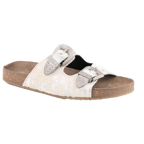 Roper White And Silver Hair On Hide Leather Double Buckle Footbed Women's Sandal 