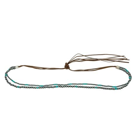 Two Strand Turquoise And Silver Oxidized Beaded Hatband 
