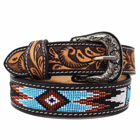South Texas Tack Multicolored Beaded and Floral Tooled Leather Boy's Belt