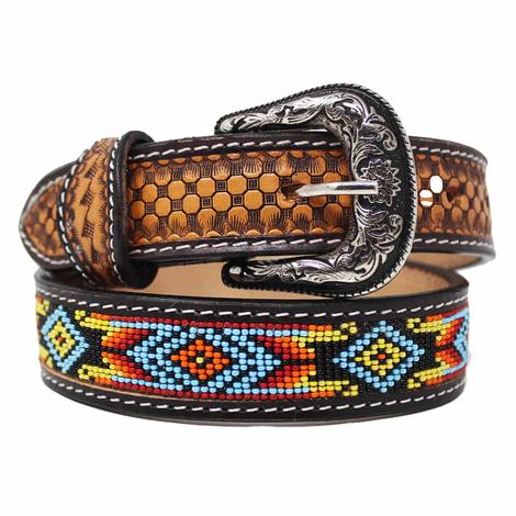 South Texas Tack Multicolored Beaded and Diamond Tooled Leather Boy's Belt