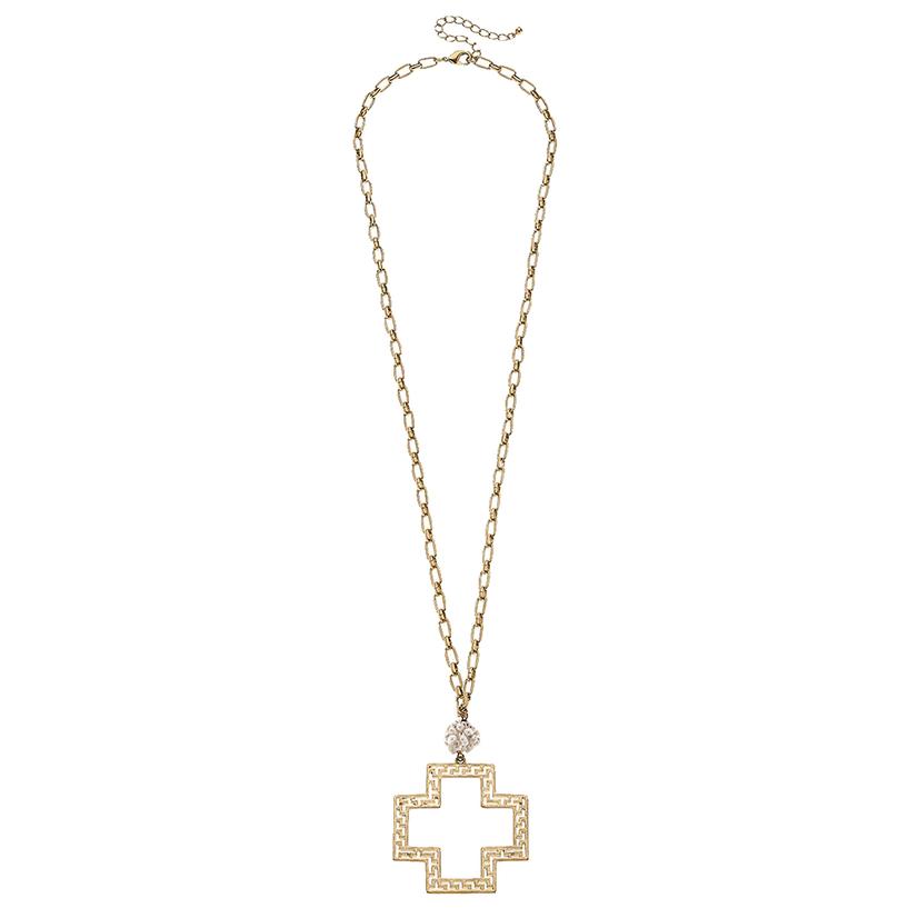  Canvas Elysa Greek Keys Cross Pendant Pearl Cluster Necklace In Worn Gold