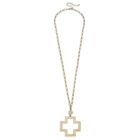 Canvas Elysa Greek Keys Cross Pendant Pearl Cluster Necklace in Worn Gold