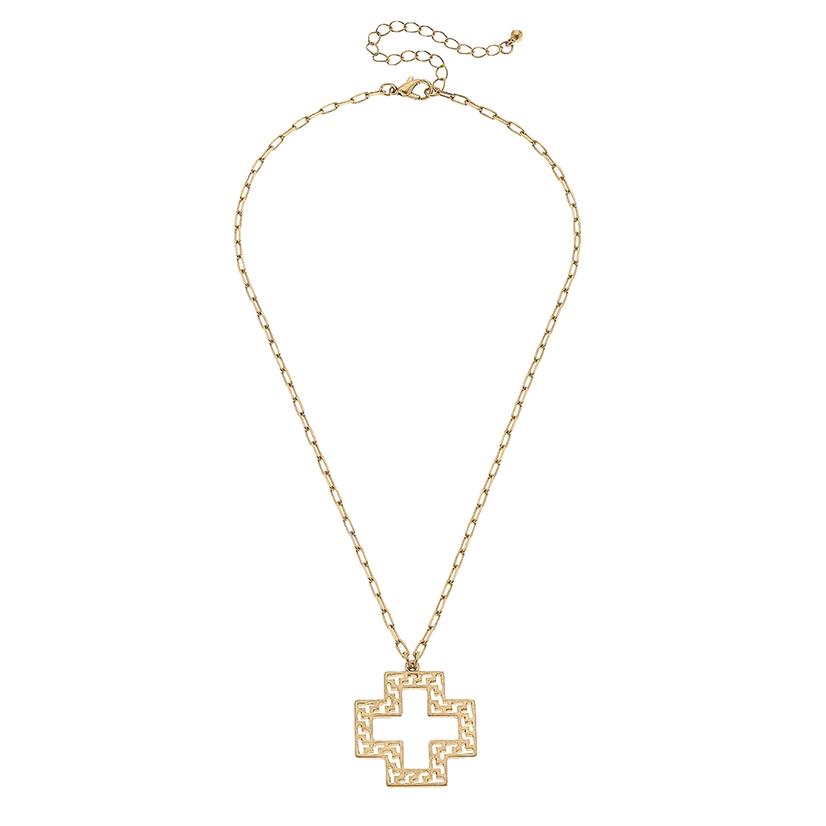  Canvas Kristin Greek Keys Cross Pendant Necklace In Worn Gold