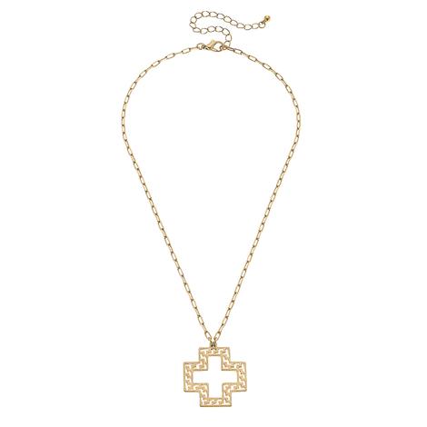 Canvas Kristin Greek Keys Cross Pendant Necklace in Worn Gold