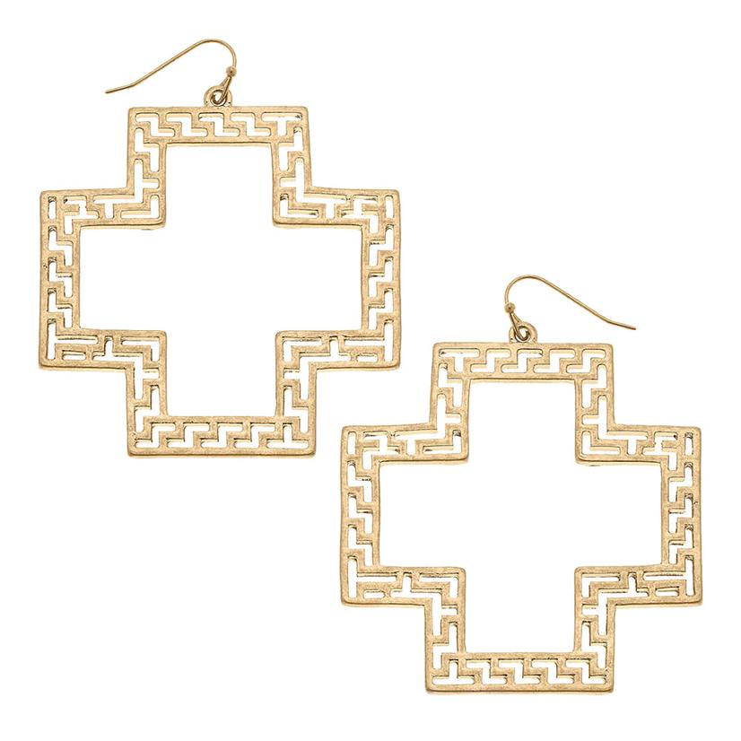  Canvas Melissa Greek Keys Cross Statement Earrings In Worn Gold