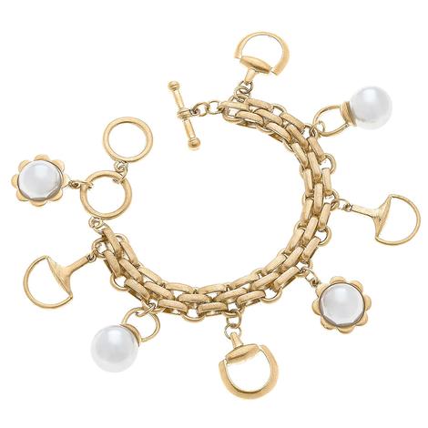 Canvas Mari Horsebit and Pearl Charm Bracelet in Worn Gold