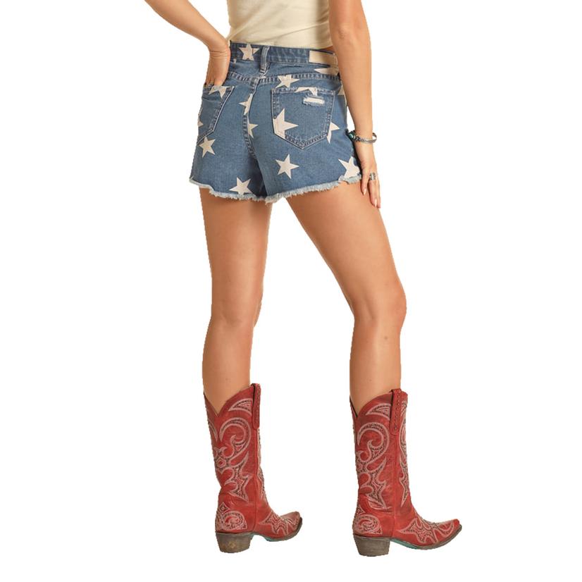  Rock And Roll Cowgirl Star Light Wash Distressed Women's Shorts