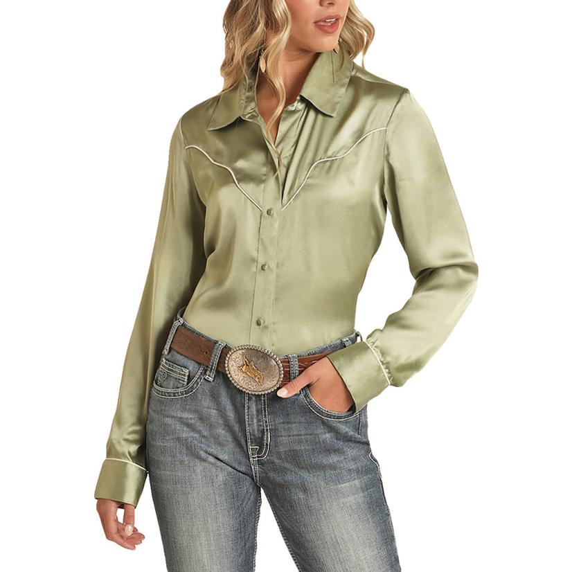  Rock And Roll Cowgirl Jade Satin Long Sleeve Buttondown Women's Blouse