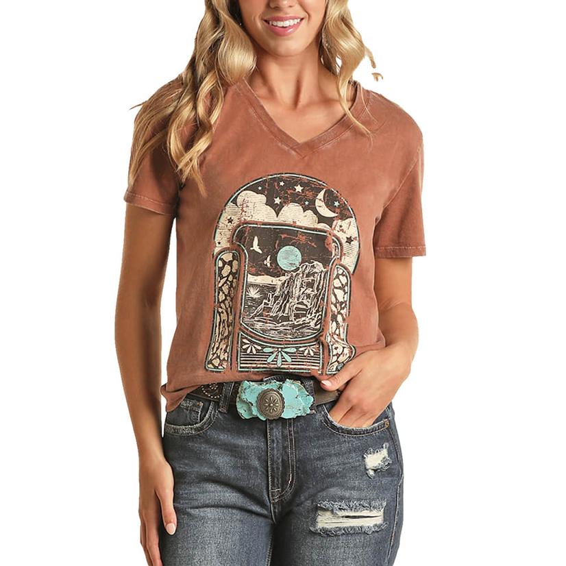  Rock And Roll Cowgirl Rust Desertscape V- Neck Women's Tee