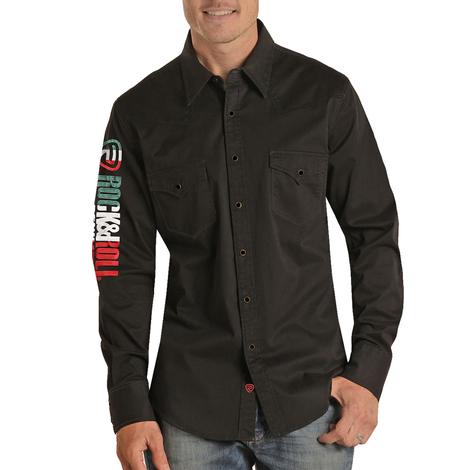 Rock & Roll Logo Embroidered Long Sleeve Black Snap Men's Shirt
