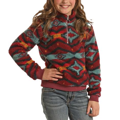 Rock and Roll Cowgirl Burgundy Sherpa Girl's Pullover