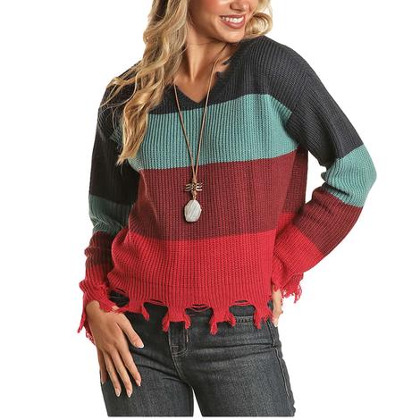 Rock and Roll Cowgirl Burgundy Color Block Women's Sweater