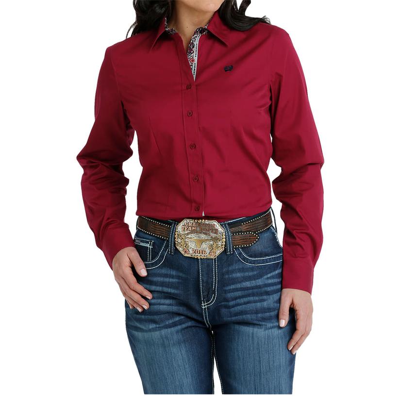  Cinch Solid Burgundy Long Sleeve Button- Down Women's Shirt