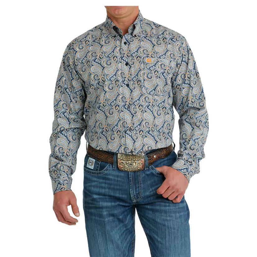  Cinch Blue Printed Long Sleeve Buttondown Men's Shirt