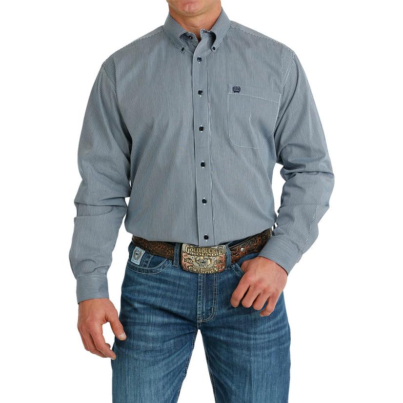  Cinch Blue Striped Buttondown Long Sleeve Men's Shirt