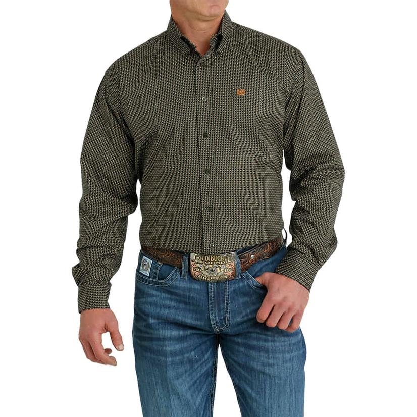  Cinch Olive Printed Long Sleeve Button- Down Men's Shirt
