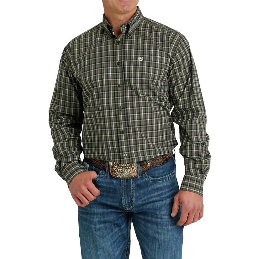  Cinch Olive Plaid Long Sleeve Button- Down Men's Shirt
