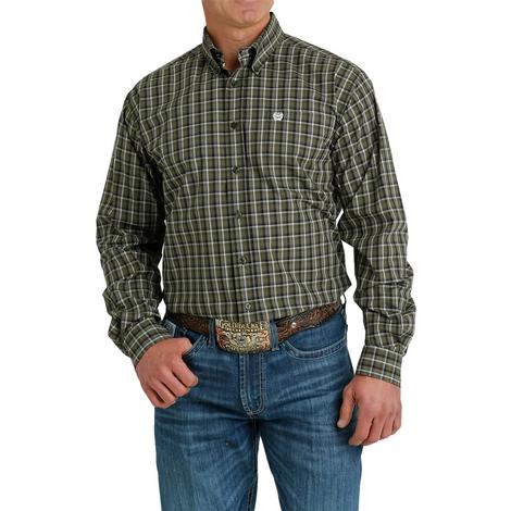 Cinch Olive Plaid Long Sleeve Button-Down Men's Shirt