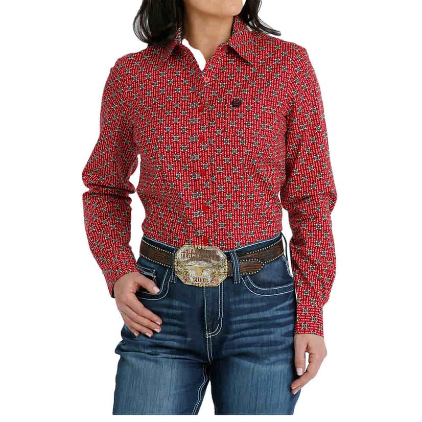  Cinch Red Long Sleeve Geo Print Women's Shirt