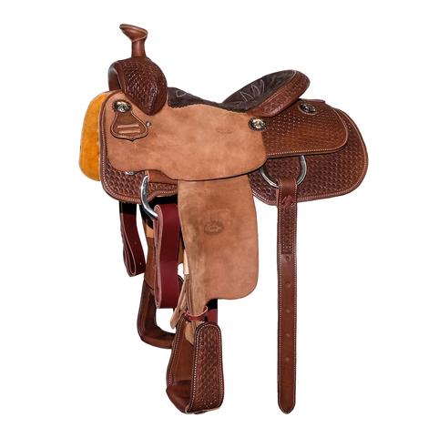 STT Chocolate Half Axe Tool Half Roughout with Chocolate Suede Seat Team Roping Saddle