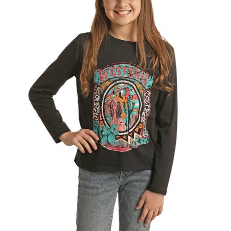 Rock and Roll Cowgirl Black Long Sleeve Graphic Girl's Shirt