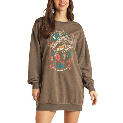 Rock and Roll Cowgirl Brown Graphic Print Ladies Sweatshirt Dress