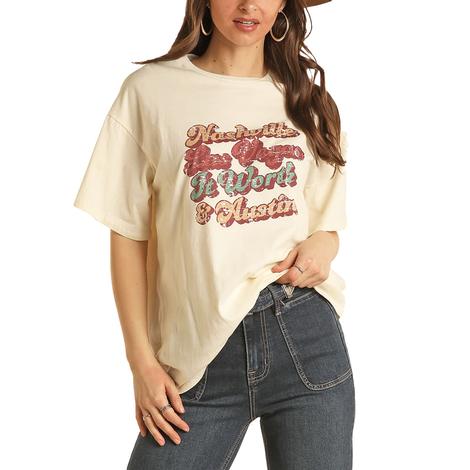 Rock and Roll Cowgirl Ladies Natural Graphic Rhinestone Tee
