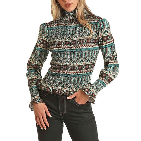 Rock and Roll Cowgirl Black and Turquoise Long Sleeve Smocked Women's Top