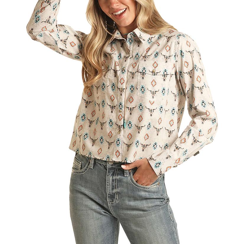  Rock And Roll Cowgirl Skull Print Boxy Long Sleeve Snap Women's Shirt