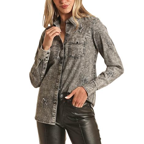 Rock and Roll Cowgirl Grey Star Long Sleeve Snap Women's Shirt