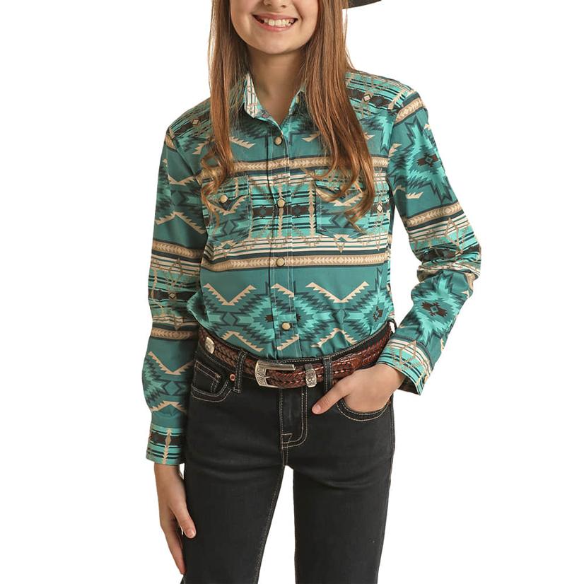  Rock And Roll Cowgirl Turquoise Aztec Print Long Sleeve Girl's Shirt