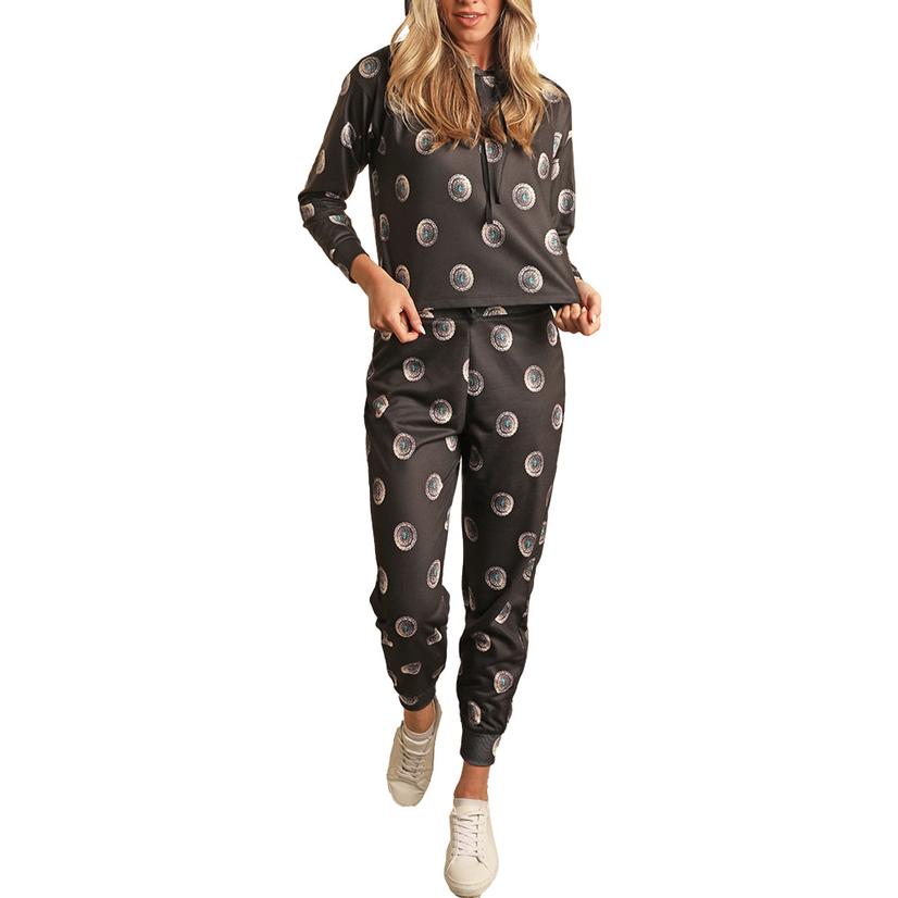  Rock And Roll Cowgirl Black Concho Print Women's Jogger Pants