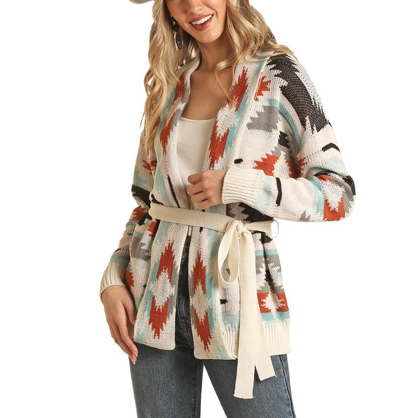  Rock And Roll Cowgirl Patterned Belted Women's Cardigan