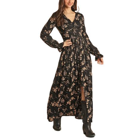 Rock and Roll Cowgirl Buttondown Black Printed Long Sleeve Women's Dress