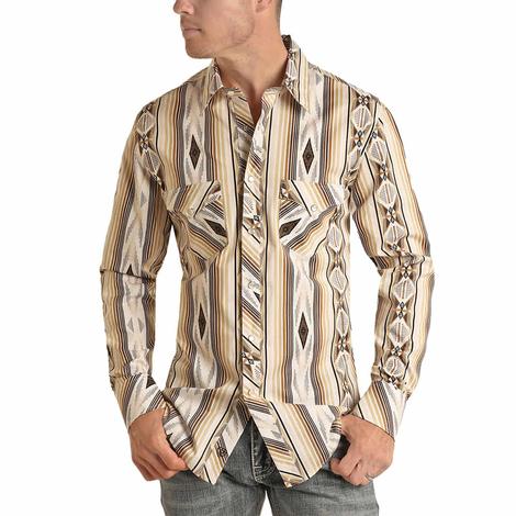 Rock And Roll Cowboy Tan Aztec Stripe Long Sleeve Men's Shirt