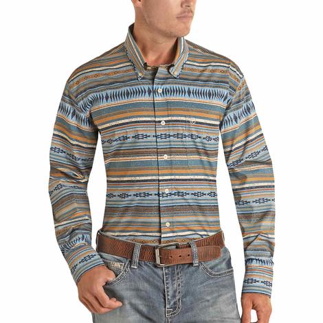 Rock and Roll Cowboy Striped Aztec Long Sleeve Button-Down Men's Shirt