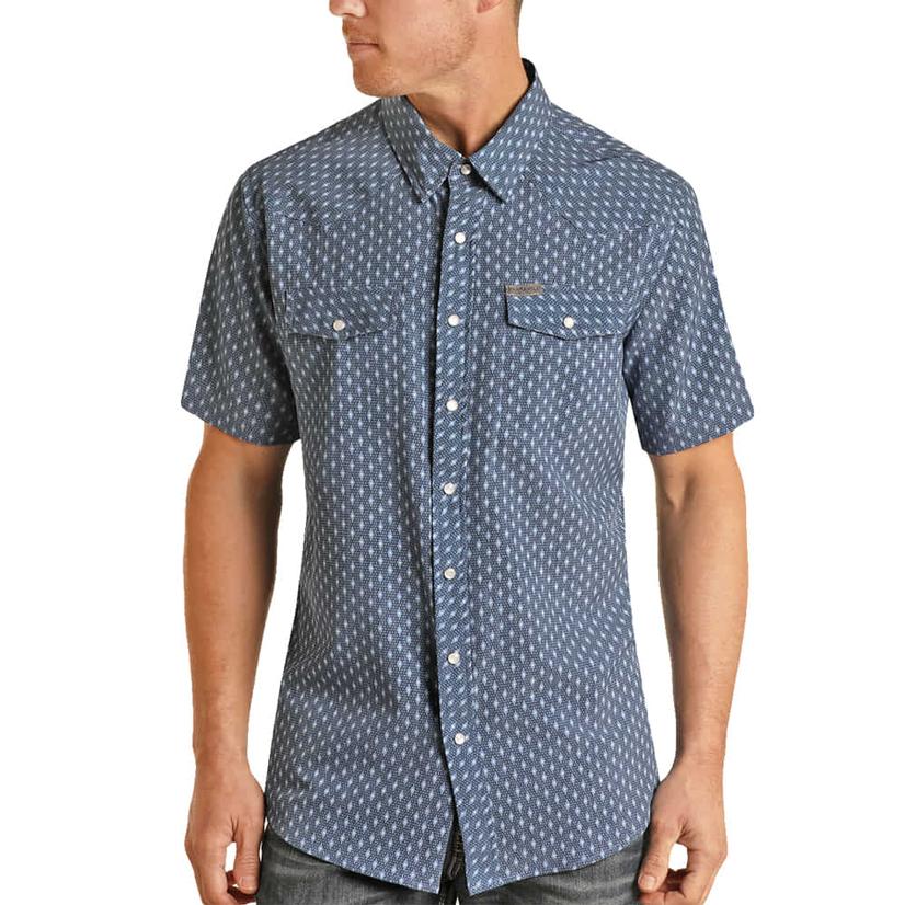  Panhandle Long Sleeve Blue Geo Print Men's Snap Shirt