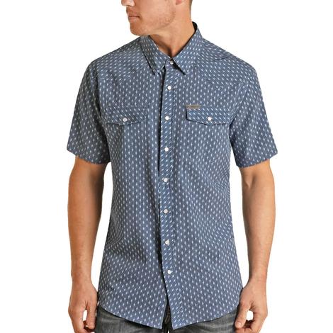 Panhandle Long Sleeve Blue Geo Print Men's Snap Shirt